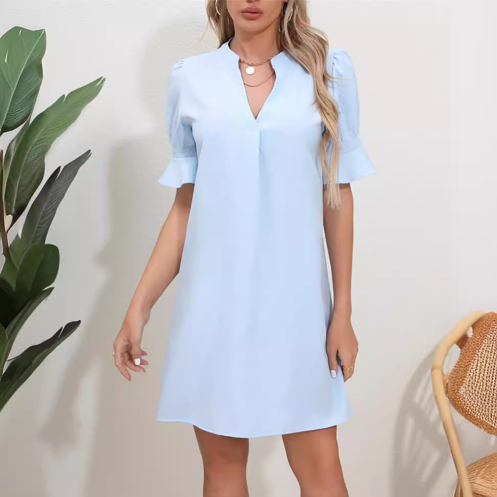 Damen Elegantes Kurzarm-Kleid mit V-Ausschnitt und Schößchen R&B