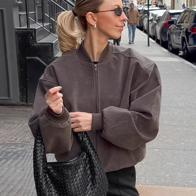 Damen Oversized Bomberjacke mit voluminösen Ärmeln und Stehkragen R&B