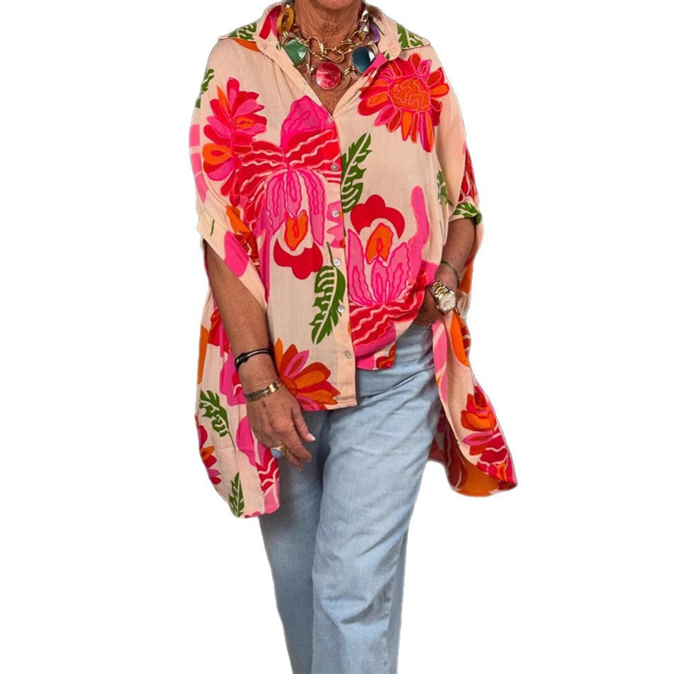 Damen nan luftige Oversize-Hemdbluse im Resortstil mit großflächigem Blumenprint und asymmetrischem Zipfelsaum R&B