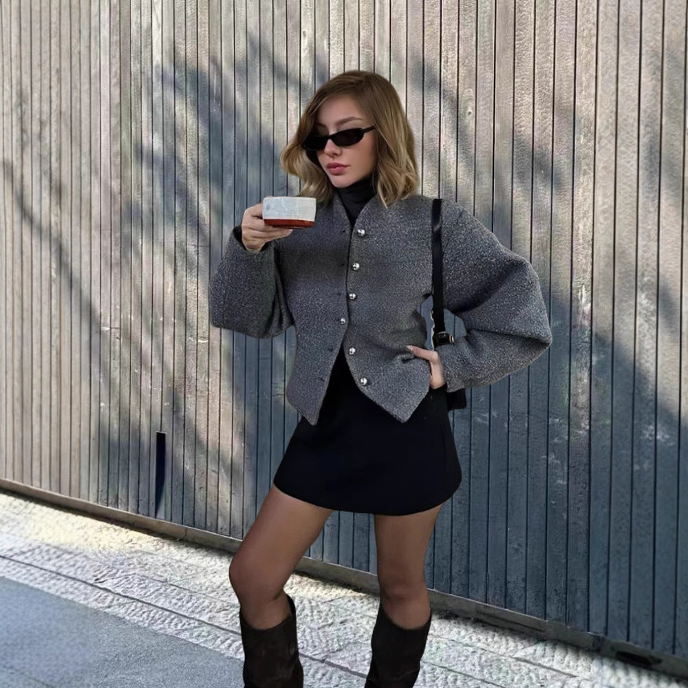 Damen elegante Kurzjacke mit stilvollen Knöpfen und voluminösen Ärmeln R&B