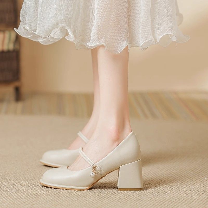 Damen elegante Mary Jane Schuhe mit Blockabsatz und Perlenakzent R&B