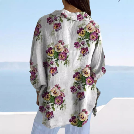Damen nan leichte Leinenoptik-Hemdbluse mit Blumenmuster, lockerem Schnitt, krempelbaren Ärmeln und Eingrifftaschen R&B