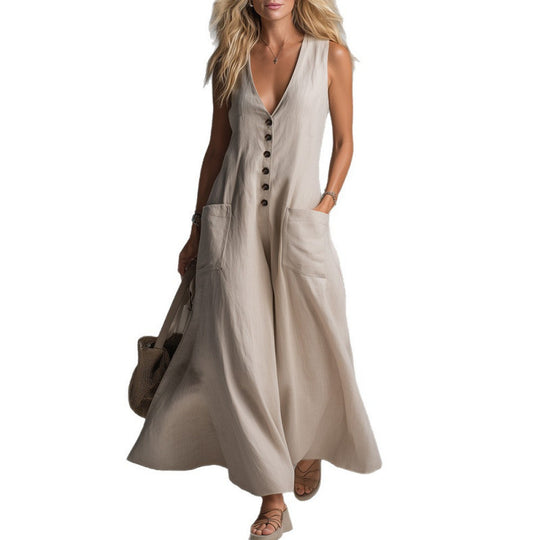 Damen eleganter Jumpsuit mit tiefem V-Ausschnitt und praktischen Taschen R&B
