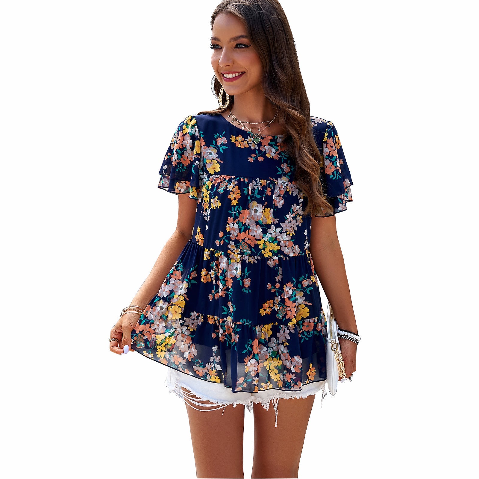 Damen Luftiges Blumenshirt mit Rüschendetails R&B