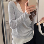 Damen lässiger V-Ausschnitt Strickpullover mit kontrastrierendem Saum R&B