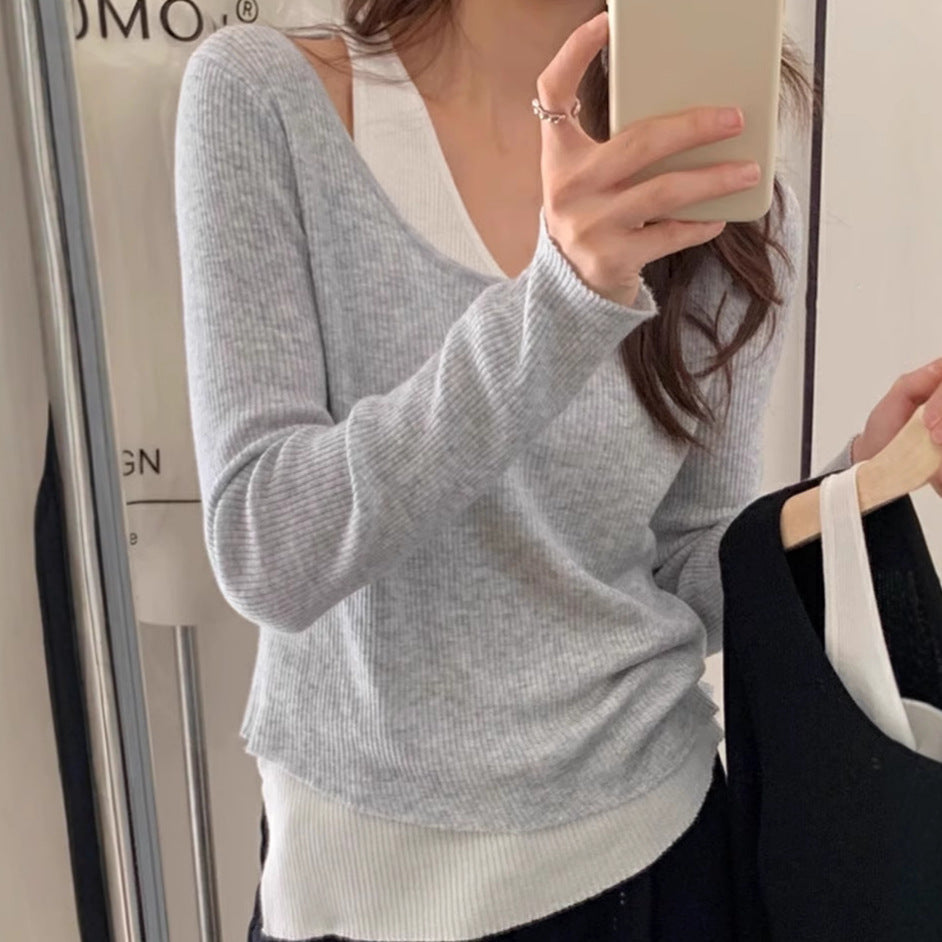 Damen lässiger V-Ausschnitt Strickpullover mit kontrastrierendem Saum R&B