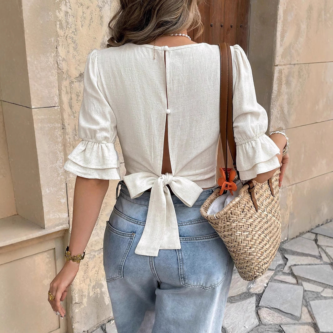 Damen Puffärmel Crop-Top mit quadratischem Ausschnitt R&B