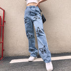 Damen weite High-Waist Jeans mit floralen Druckmotiven
