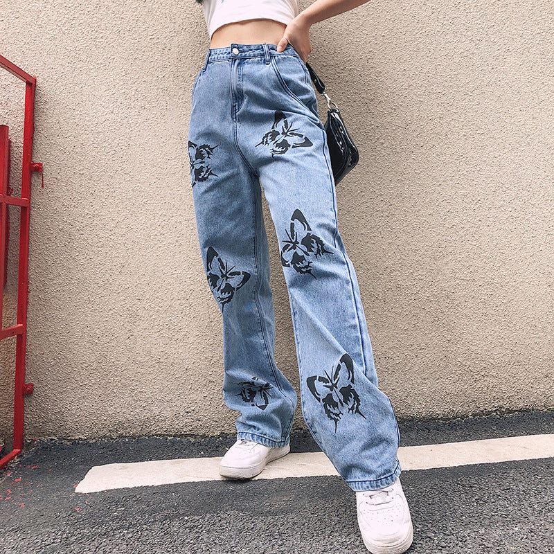 Damen weite High-Waist Jeans mit floralen Druckmotiven