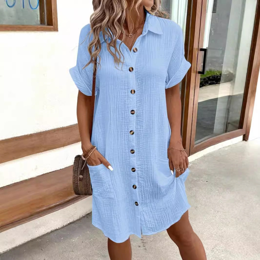 Damen lässiges Hemdblusenkleid aus leichtem Baumwollmischgewebe mit Knopfleiste und Seitentaschen R&B
