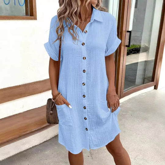 Damen lässiges Hemdblusenkleid aus leichtem Baumwollmischgewebe mit Knopfleiste und Seitentaschen R&B