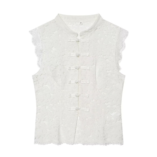 Damen-Spitzenoberteil mit traditionellem Stehkragen und eleganten Knopfdetails R&B