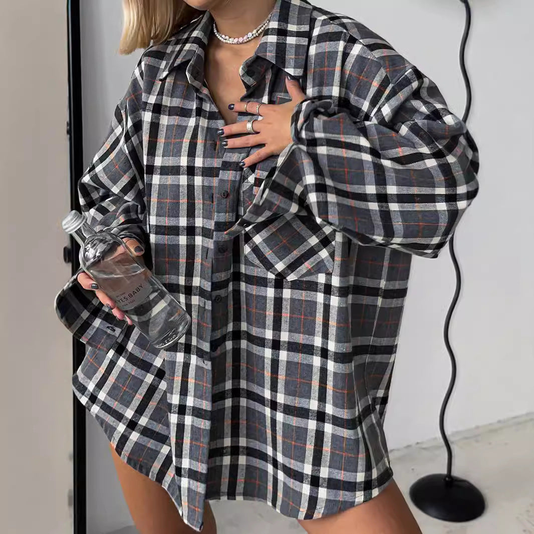 Damen lässige Flanell-Hemdbluse mit Übergröße und Karomuster R&B