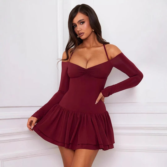 Damen Verführerisches Minikleid mit Langarm und tiefem Ausschnitt R&B