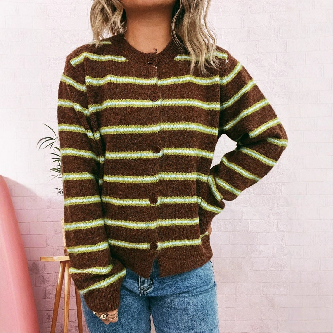 Damen Langärmliger Strickcardigan mit modischem Streifenmuster R&B