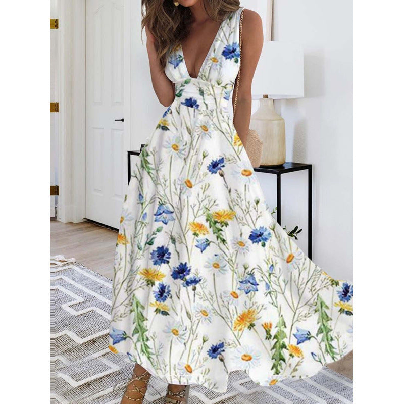 Damen Maxikleid mit tiefem V-Ausschnitt und floralem Wasserfarben-Muster R&B