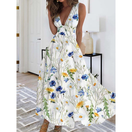 Damen Maxikleid mit tiefem V-Ausschnitt und floralem Wasserfarben-Muster R&B
