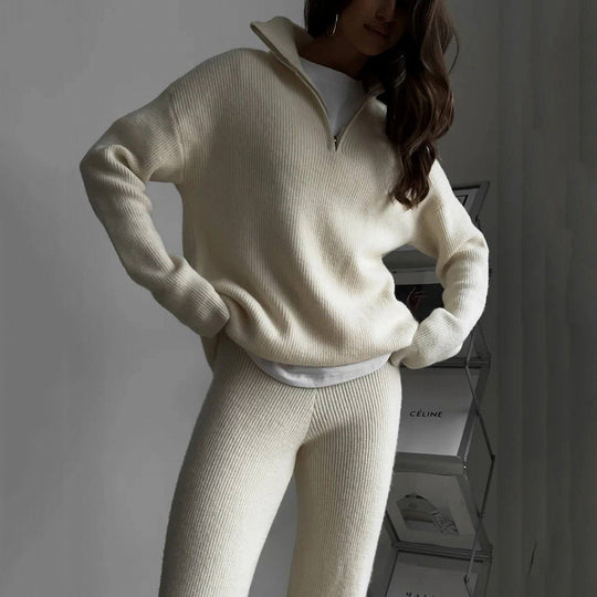 Damen trendiger Oversized Strickpullover mit Zipper und langen Ärmeln R&B