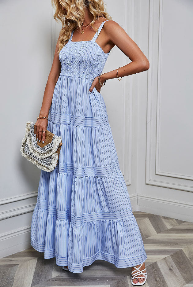 Damen Sommermaxikleid mit gerafftem Oberteil und asymmetrischem Saum R&B