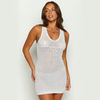 Damen gehäkeltes Strandkleid mit tiefem Ausschnitt und Kordelzug R&B