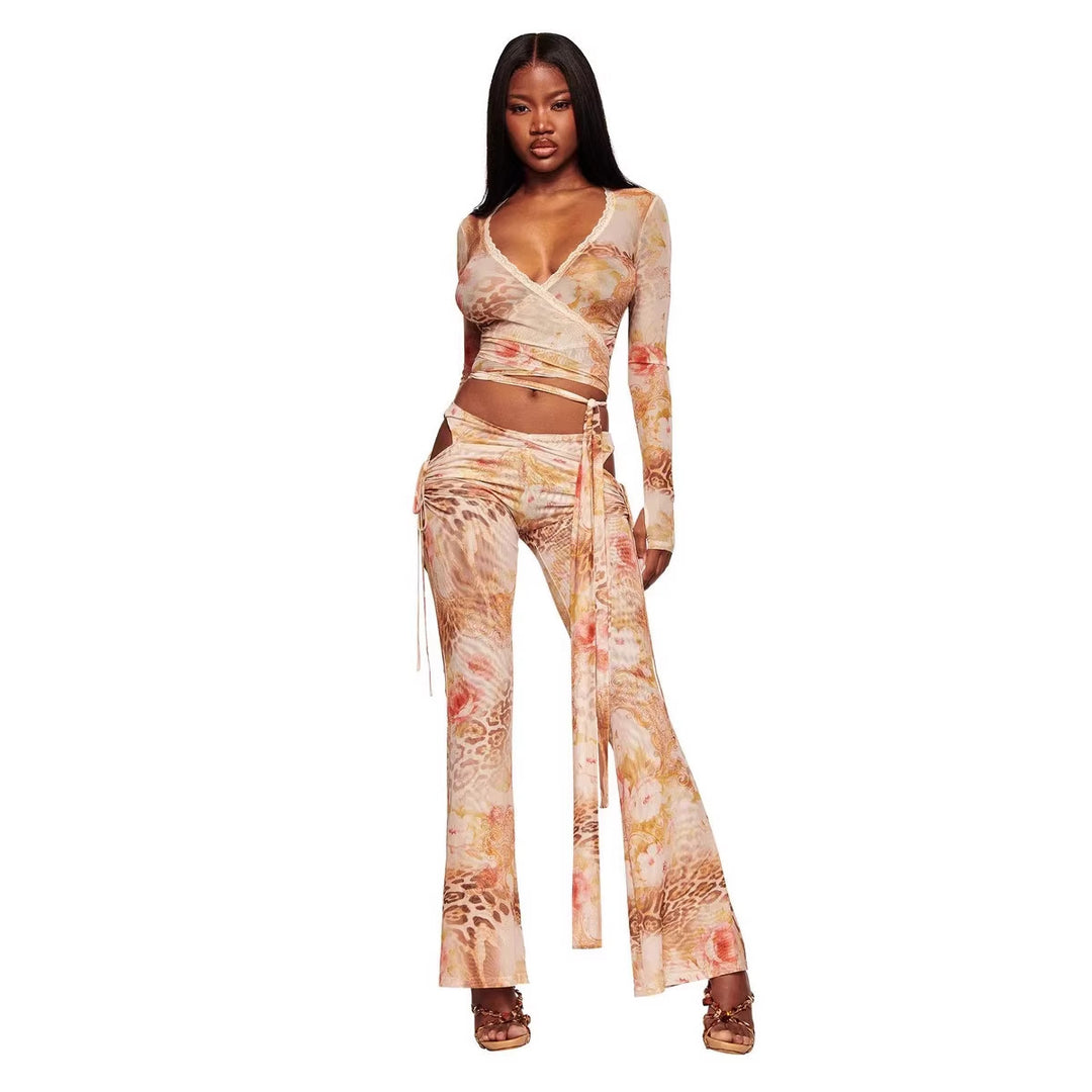 Damen Flared Pants mit floralem und animalischem Muster R&B