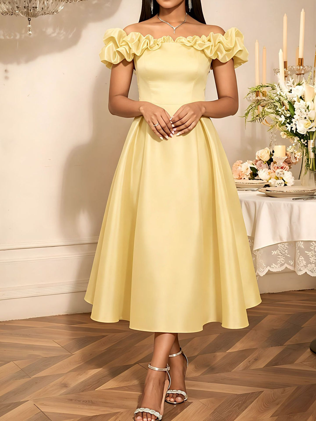Damen Midi-Party Kleid mit schulterfreiem Design und voluminösen Rüschen R&B