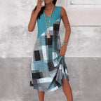 Damen nan ärmelloses V-Ausschnitt Midikleid mit diagonalem Patchworkmuster und geripptem Oberteil R&B