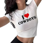 Damen Crop-T-Shirt mit kreativem Cowboy-Motiv R&B