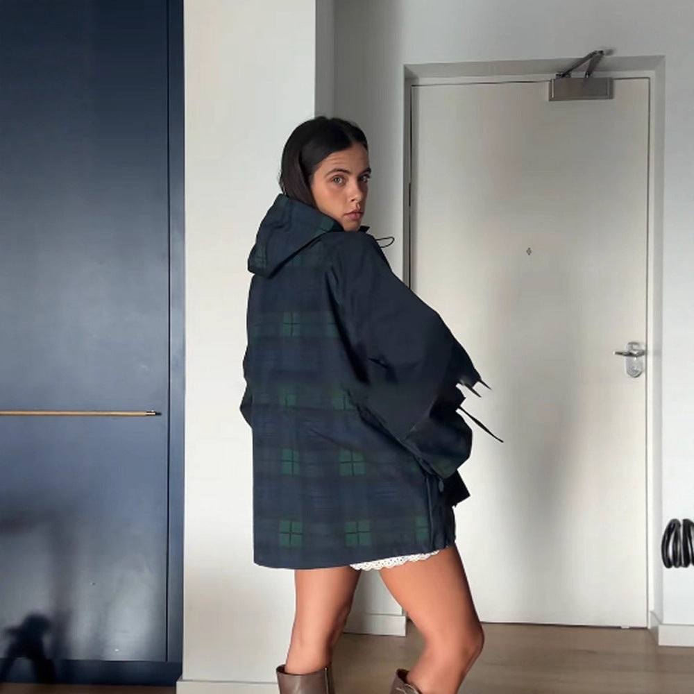 Damen Oversized Jacke im lässigen Karo-Design mit praktischen Taschen und Taillenzug R&B