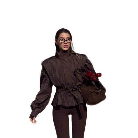Damen stylische Bluse mit hohen Kragen und seitlichem Taillengürtel R&B