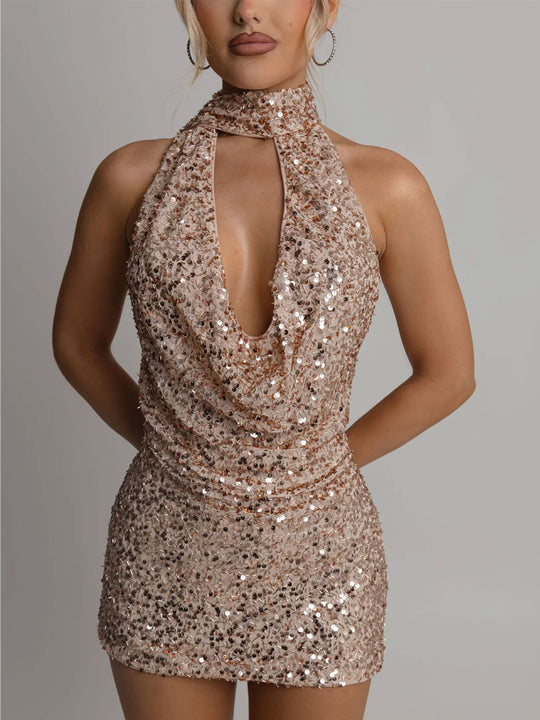 Damen Glamouröses Paillettenkleid mit schimmerndem Halterdesign R&B