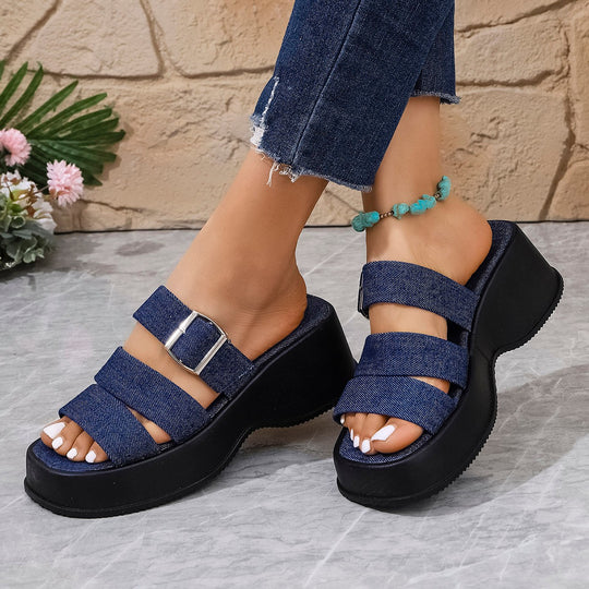 Damen Wedge-Pantoletten mit verstellbarem Schnallenverschluss und modischem Denim-Design R&B