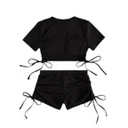Damen sportliches Crop-Top mit verspielten Bindändern und Shorts