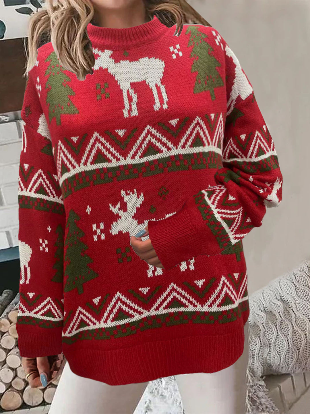 Damen Gemütlicher Weihnachts-Pullover mit festlichem Motiv und hoher Passform R&B