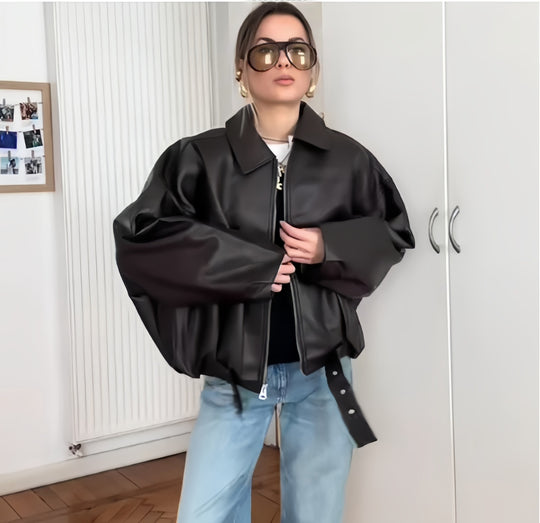 Damen Oversized Kunstlederjacke mit großzügigem Schnitt und modischen Details R&B
