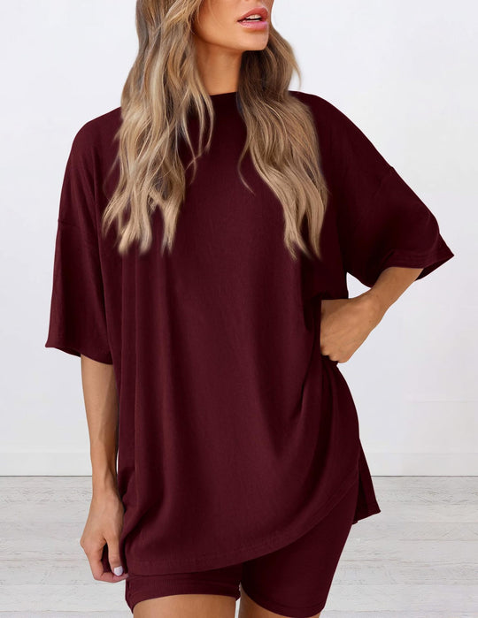 Damen Lässiges Lounge-Set mit übergroßem Oberteil und kurzen Hosen R&B