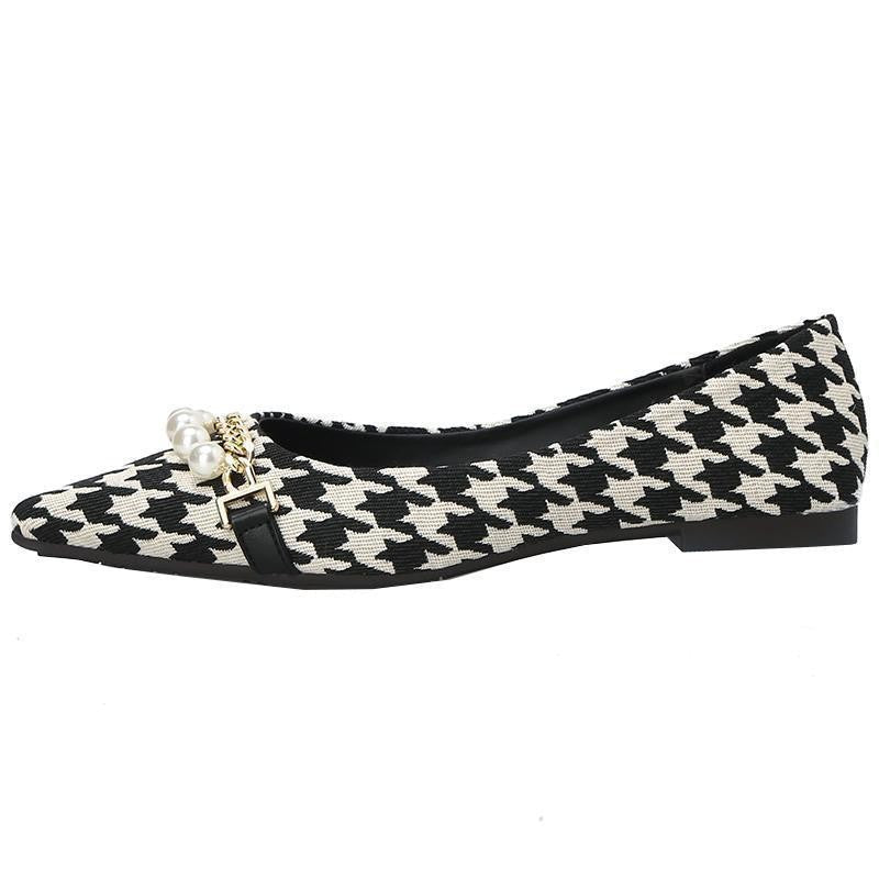 Damen elegante Ballerinas mit modischem Hahnentrittmuster und Perlenschmuck R&B