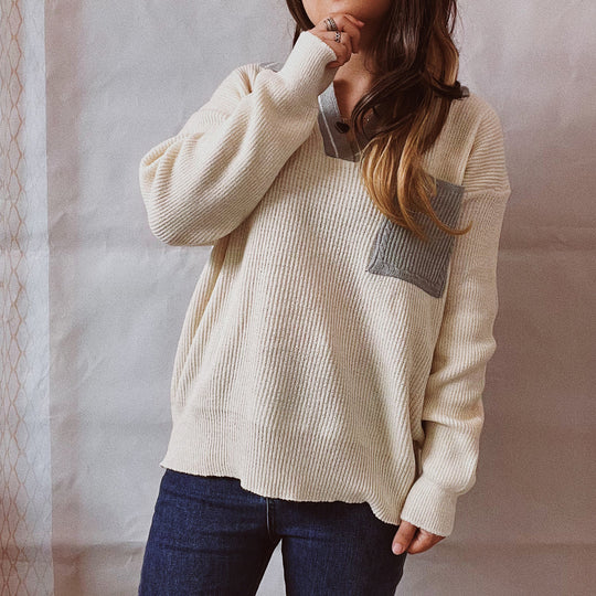 Damen lässiger V-Ausschnitt Pullover mit strukturiertem Rippdesign und kontrastierendem Kragen R&B