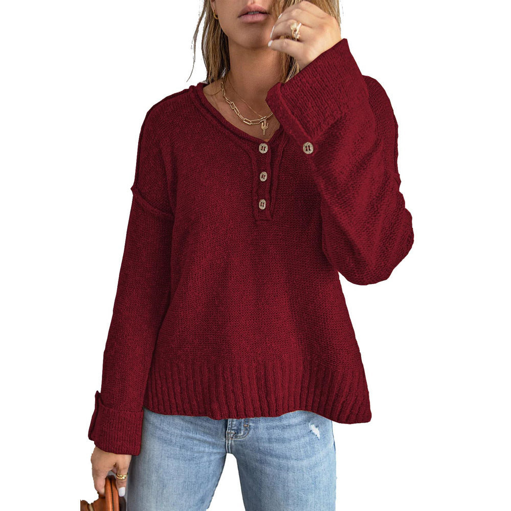 Damen lässiger Strickpullover mit Knopfleiste und weitem Schnitt R&B