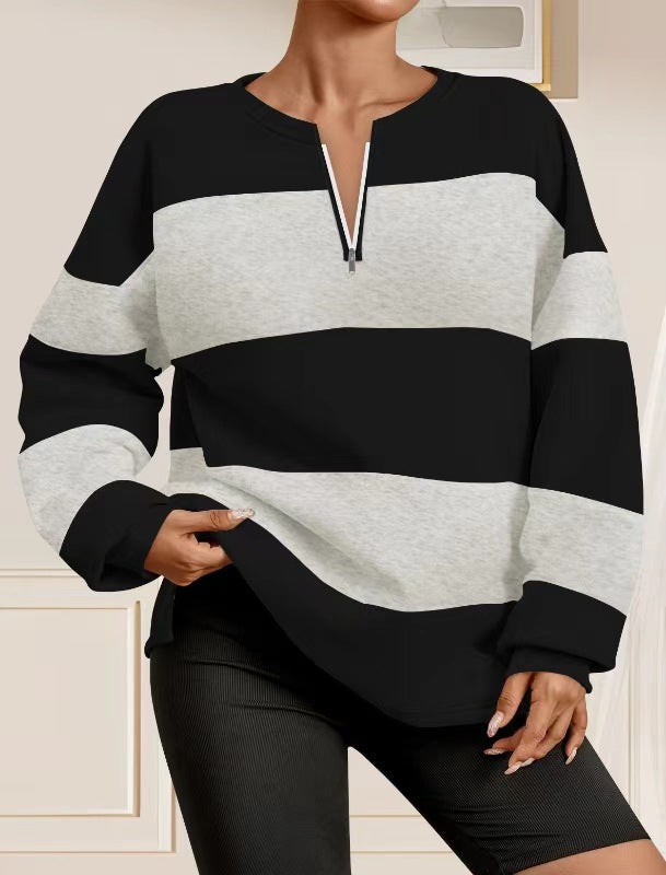 Damen modischer Sweatpullover mit Reißverschluss und gestreiftem Design R&B