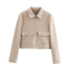 Damen kurze Fleecejacke mit stilvollen Brusttaschen und elegantem Kragen R&B