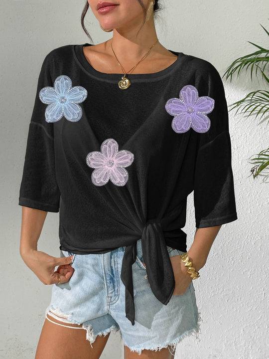 Damen lässiges Oberteil mit floralem Design und seitlichem Knoten R&B