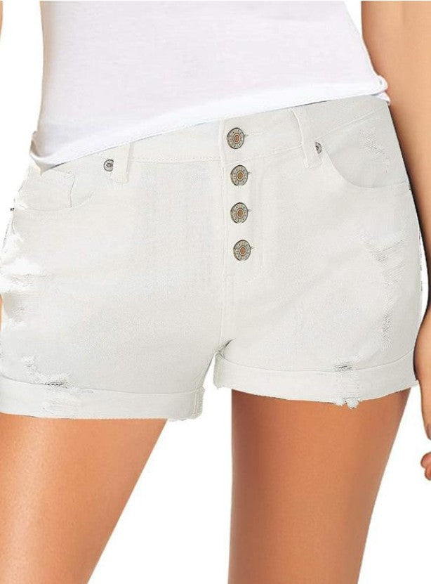 Damen modische High-Waist Denim-Shorts mit Knopfdetails und ausgefranstem Saum R&B