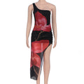 Damen asymmetrisches Maxikleid mit floralen Rüschen und seitlichem Schlitz R&B