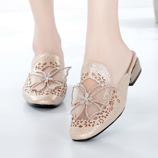 Damen Mules mit funkelnden Strassverzierungen und elegantem Blütenakzent R&B
