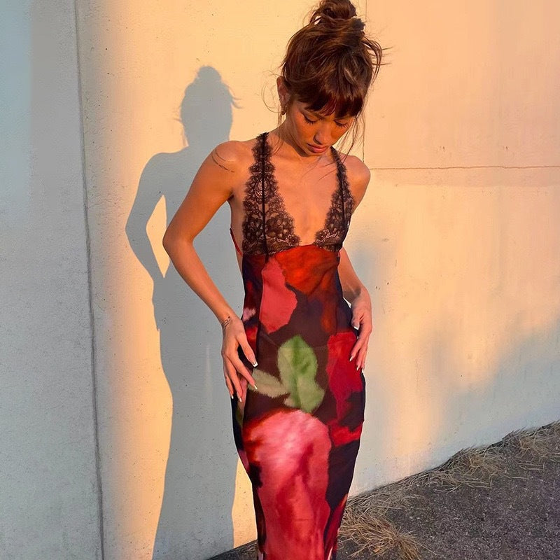 Damen Maxikleid mit raffiniertem Spitzenbesatz und floralen Mustern R&B