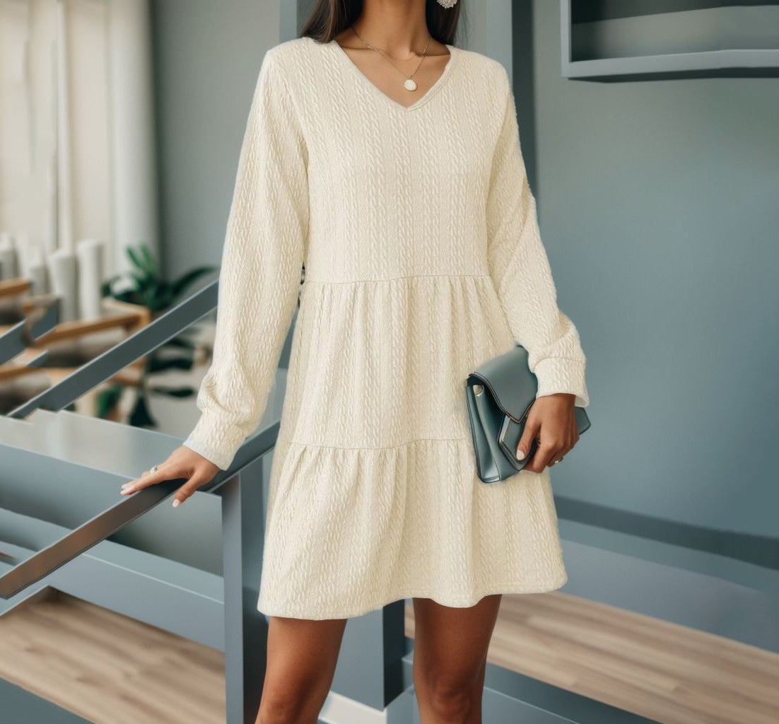 Damen Strickkleid mit V-Ausschnitt und voluminösem Rock R&B