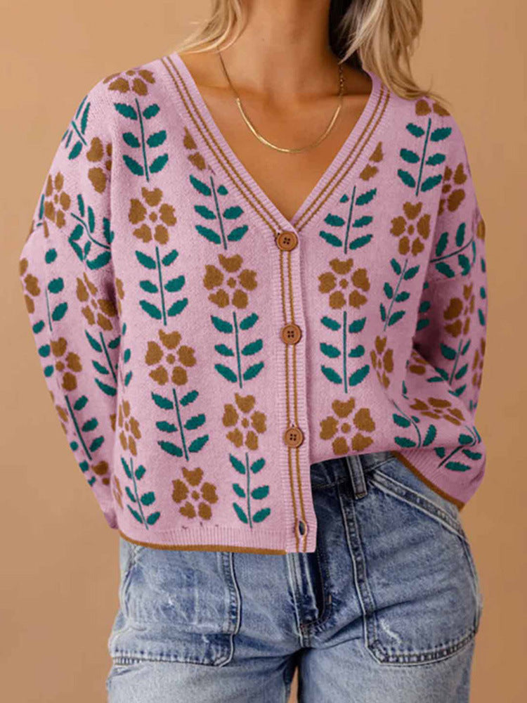 Damen Strickjacke mit floralem Design und Knopfdetails R&B