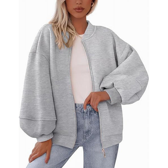 Damen lässige Oversized-Jacke mit Reißverschluss und ballonen Ärmeln R&B