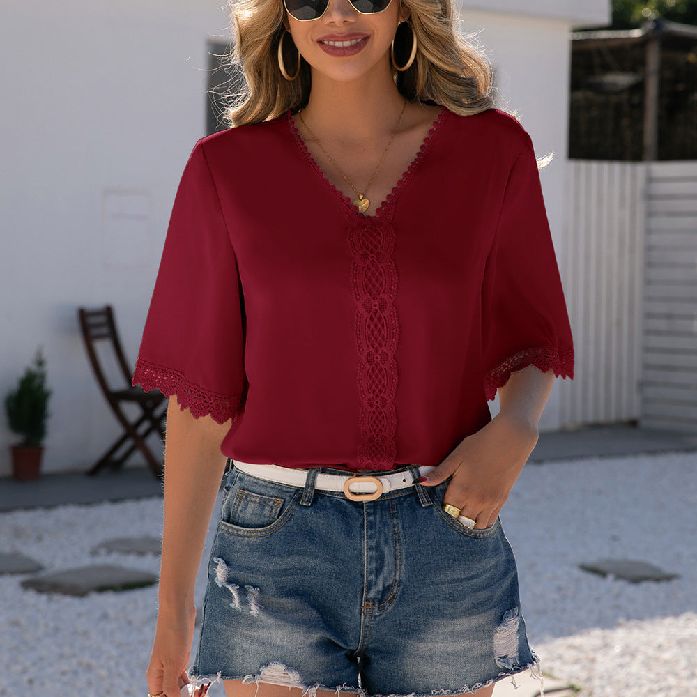Damen elegante Bluse mit Spitzenbesatz und V-Ausschnitt R&B